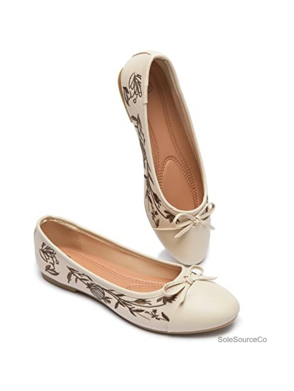 Women's Embroidered Flats with Bow Memory Foam Round Toe Casual Dress Shoes